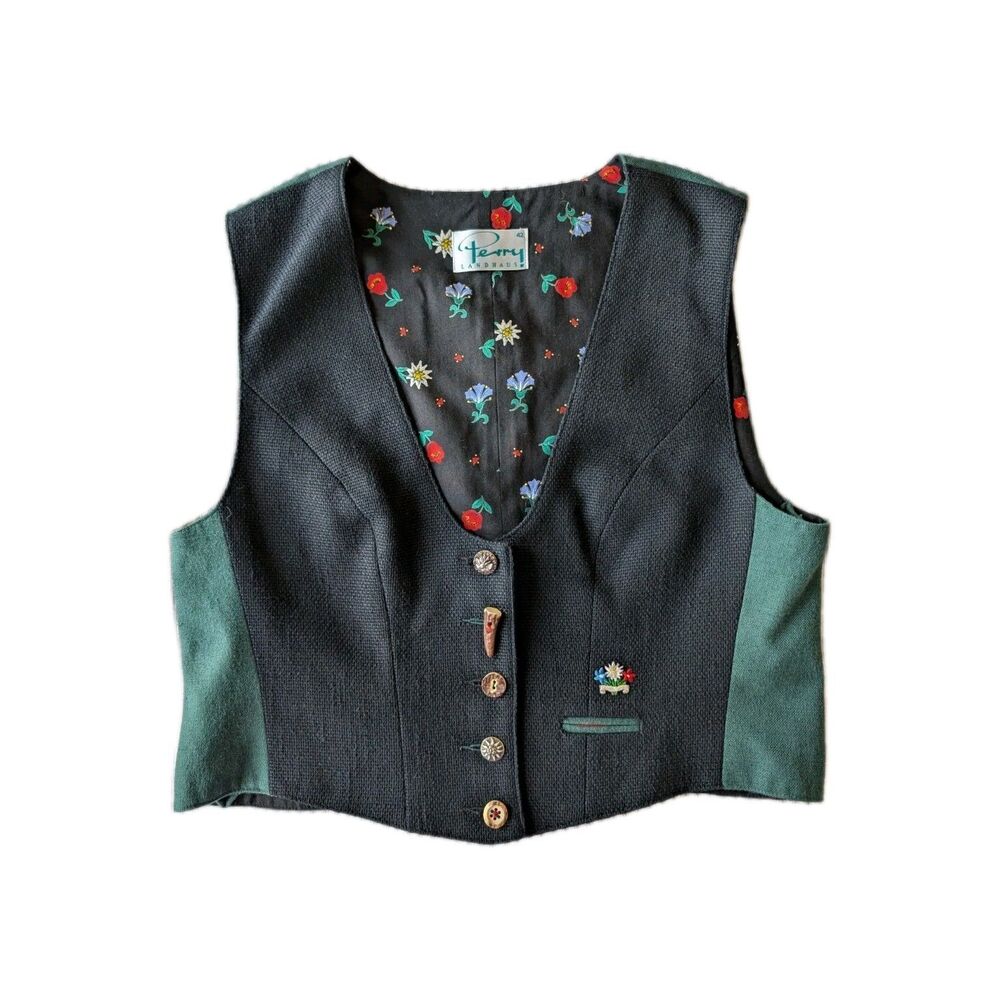 Perry Landhaus Vintage Bavarian Swiss Octoberfest Heidi Vest Green Black L 42